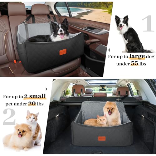 Wooaidagg Dog Car Seat for Large Size Dog,Super Soft Car Dog Bed Filling in Memory Foam and 3 Adjustable Straps,Washable Car Seat for Dogs with Safety Belt Loops and Storage Pocket(Black/Grey,Large)