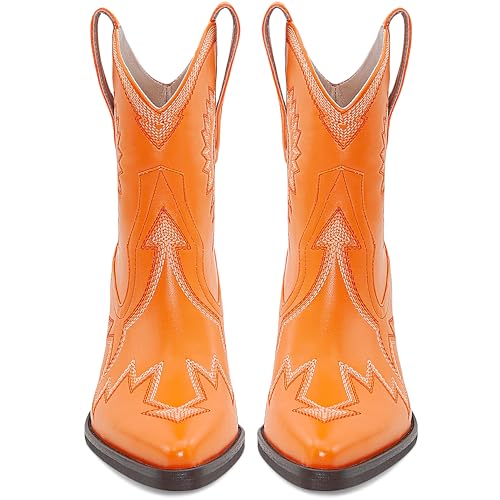 Image of HOCHFART Western Boots for Women Metallic Embroidered Pointed Toe Cowgirl Boots Chunky Heel Pull-On Short Cowboy Boots Wide Calf Country Ankle Boots