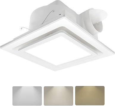 Bathroom Exhaust Fan with Color adjustable Light,3000K,4500K,6000K Square LED Combo,0.7 Sones 141CFM,11.8IN Ultra Quiet Ceiling Ventilation Fan,for Bathroom, Office, Home