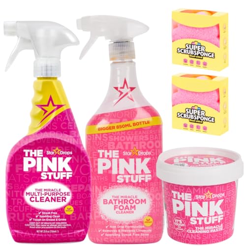 The Pink Stuff Set de Limpieza, Limpiador multisuperficie de 850ml, Pasta Limpiadora de 850g, limpiador de baños 850ml, 2 Estropajos