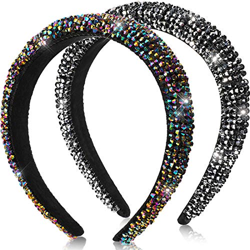 2 Pieces Rhinestone Diamond Beaded Headbands for Women Girls Crystal Padded Headband Baroque Hairband Hair Hoop Jewel Wide Headpiece Hair Accessories (Silver, Multicolor)