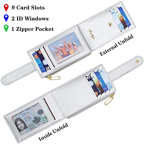 Image of Badiya Slim Women Wallet RFID Blocking Bifold Compact 9 Card Slots Holder Wallets Soft Leather with Zipper Coin Pocket 2 ID Window