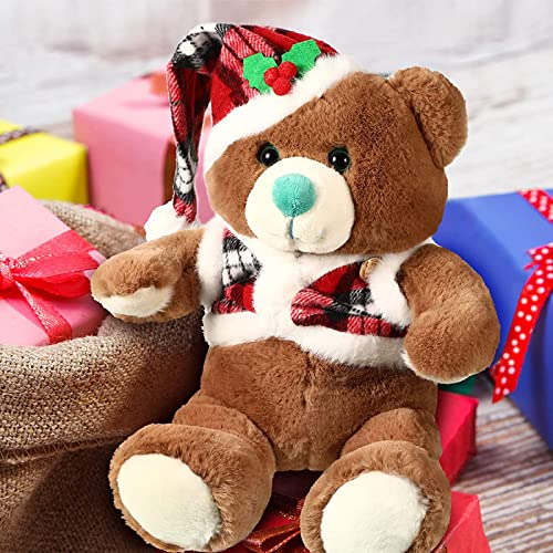 Skylety Christmas Bear Plush Cute Stuffed Animals Soft Pp Cotton Plush Toy Wearing Red Check Vest Cloak Christmas Hat For Girlfriend Wife Girl Women, White, Brown (8.7 Inch) #TOP4