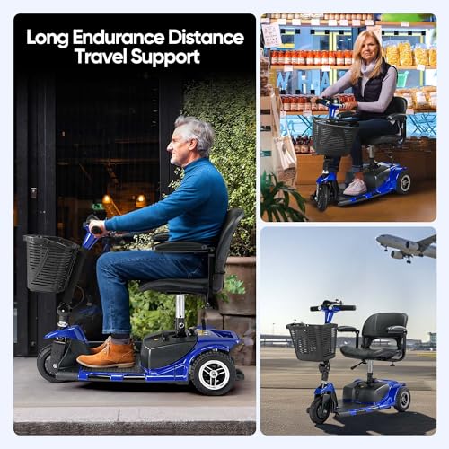 3 Wheel Mobility Scooters for Adults, Folding Mobility Scooter for Seniors, 265 lb Capacity Electric Scooter with Basket, Powered Mobility Scooter for Travel, Long Range Power Battery, Blue - Thumbnail 2