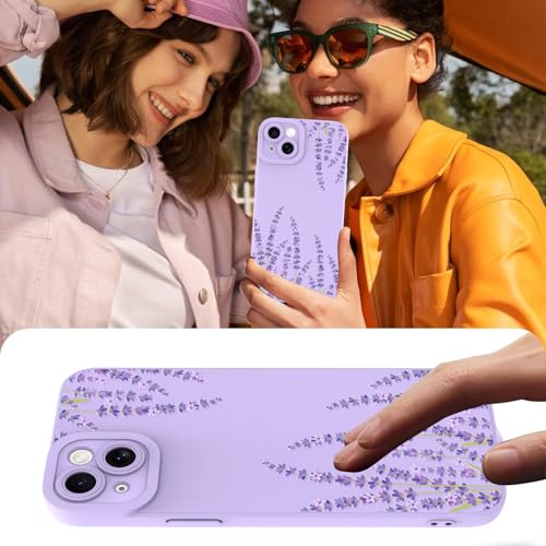 Image of Designed for iPhone 15 Case, Cute Lavender Flower Floral Pattern Design, Slim Soft TPU Liquid Silicone Protective Cover for Women Girls - Purple
