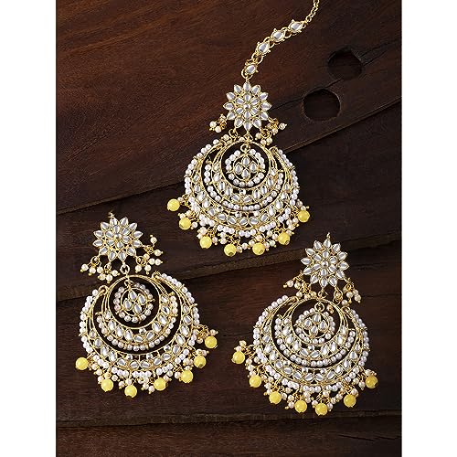 Image of Peora Traditional Jewellery Rhodium Kundan & Pearl Maang Tikka Earring Set for Women Girls