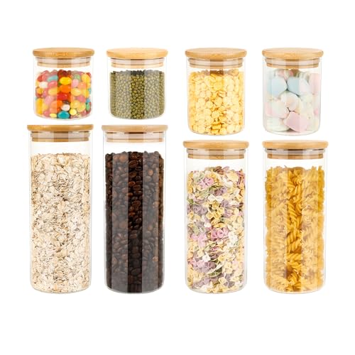 Cinnani Bocaux en Verre - Lot de 8, Rangement Cuisine, Pot en Verre avec Couvercle, Hermétique, Pour Céréales, Cornflakes, Sucre, Spaghetti
