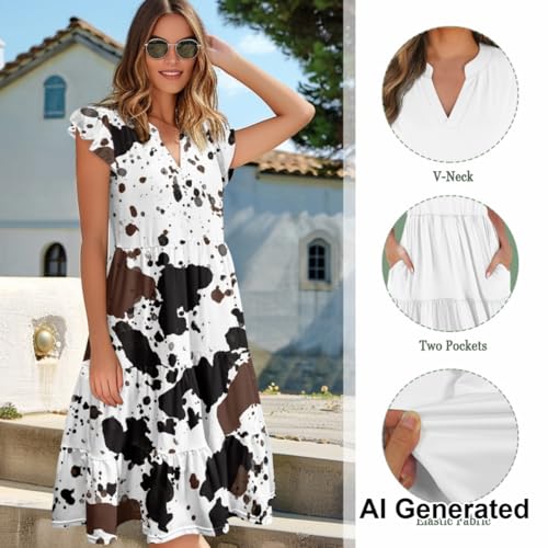 Image of Women's Casual Ruffle Sleeve Dress V Neck Pullover Dress Flowy A-Line Pleated Lightweight Dress with Pockets