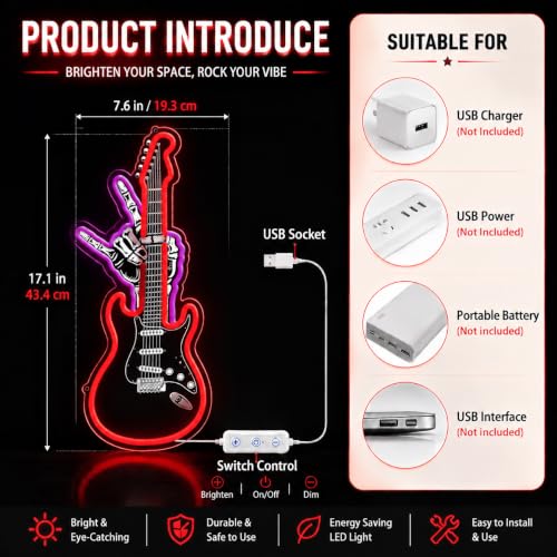 Image of PSPCBS Rock Hand Guitar Neon Sign, Electric Guitar LED Neon Light, USB Powered Dimmable Rock Music Wall Decor for Music Studio, Man Cave, Home Bar, Band Room, Gifts for Guitar Players
