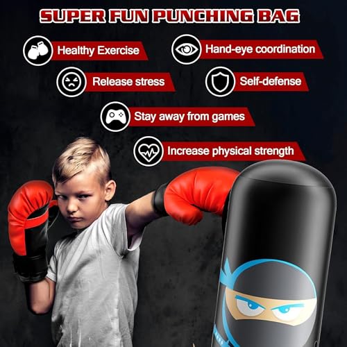 EQARD Boxsack Kinder Ninja Design Aufblasbare Boxsack für Kinder mit Boxhandschuhen 160cm Boxsack mit Ständer Boxsack für das Üben Karate Taekwondo MMA Kinder (Schwarz)
