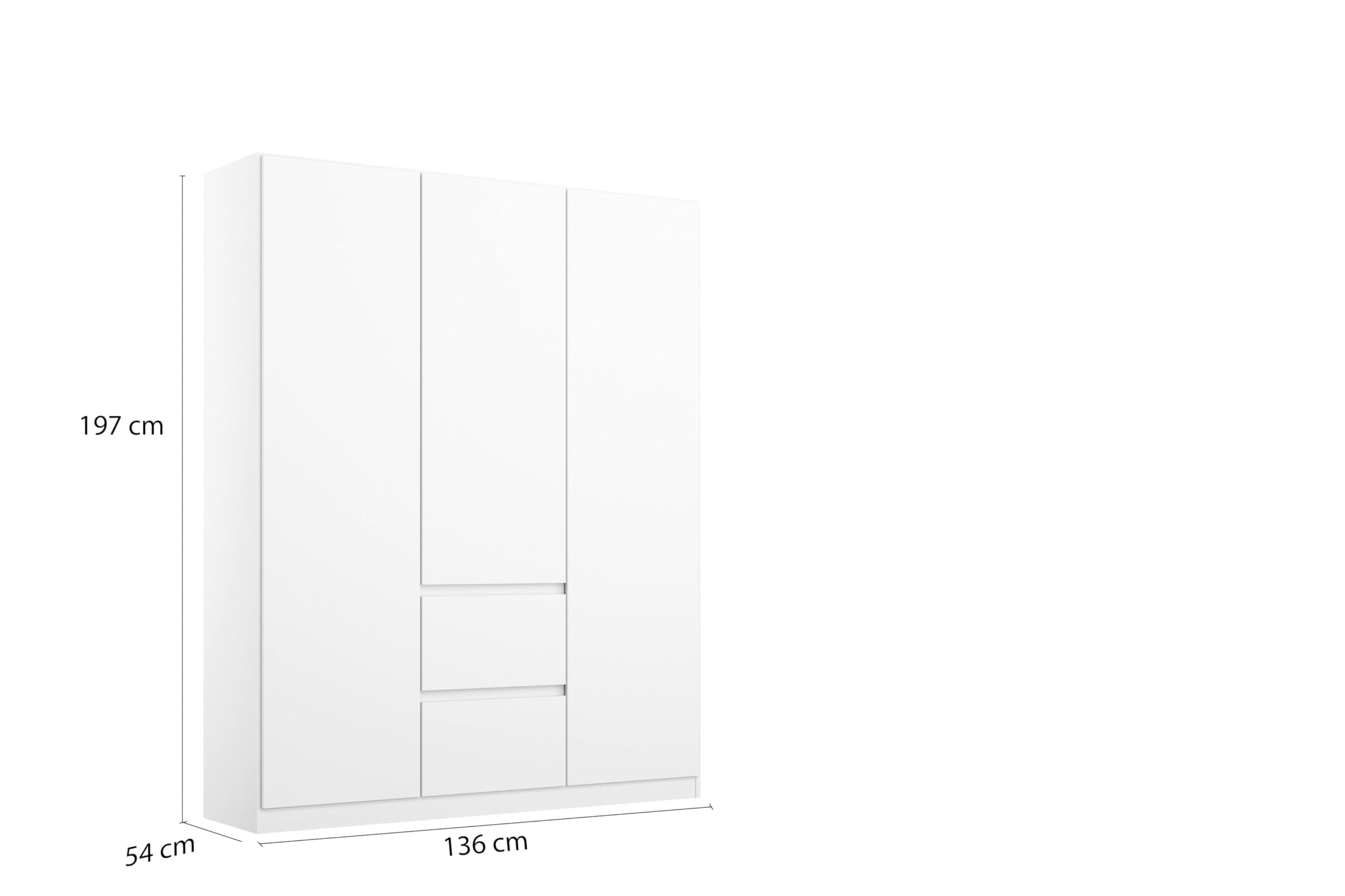Rauch Möbel NIDDA, Kleiderschrank, Farbe Weiß, Breite 136 cm | Schrank, Kinderkleiderschrank, 3-türig, 2 Schubladen, Push-to-open, für Schlafzimmer, Babyzimmer, Garderobe