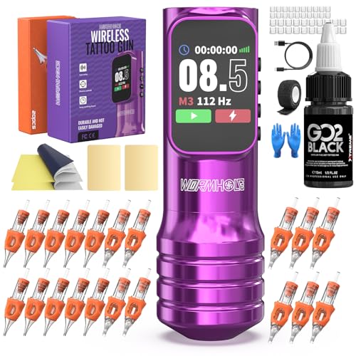 Wormhole Tattoo Gun Kit with Xtreme Tattoo Ink, Aluminum Alloy Wireless Tattoo Pen with Dot Working Mode for Professional Artist - Ink Cartridge System for Tattoos