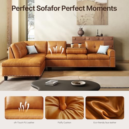 97.5" Oversized Sectional Couch, L Shaped Couchwith, Modern Modular Sofa withDeep Seat, Sectional Couches for Living Room andOffice, Faux Leather Sofa (Ginger, 97.5 inch) - Thumbnail 4