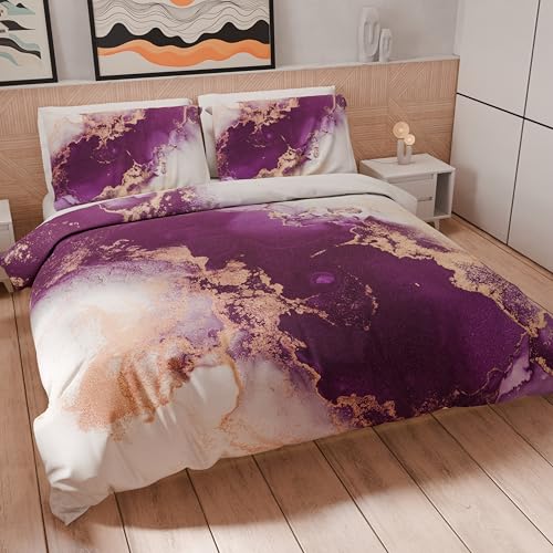 PETTI Artigiani Italiani - Double duvet cover 240 x 220 cm (2 pillowcases 50 x 80 cm included), printed microfibre bedding set in purple marble effect - Made in Italy
