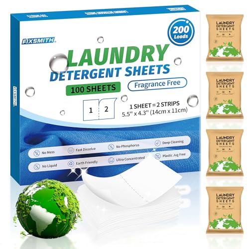 Fixsmith Laundry Detergent Sheets - 200 Loads (100 Sheets) Fragrance Free - Hypoallergenic,Unscented,Eco Friendly Laundry Detergent Strips Concentrated Travel Detergent Sheets.Plastic-Free,Liquidless cover