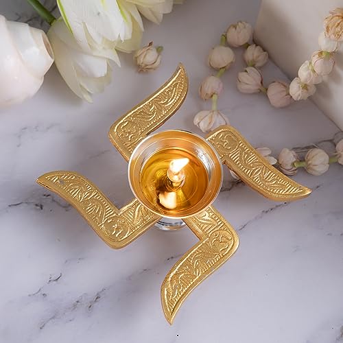 Image of Brass Swastik Diya for Pooja | Traditional Brass Oil Lamp Deepak for Home Temple, Diwali, Navratri, Lakshmi Puja & Spiritual Decor Jyot Diya