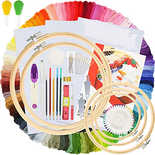 Stickerei-Starter-Set, 5 Stück Stickrahmen aus Bambus, 50 Farben, Stickgarne, 2 Stück Stoff und Kreuzstich, Werkzeug-Set zum Nähen, Heimwerken, Kreuzstich, Kunsthandwerk Cover