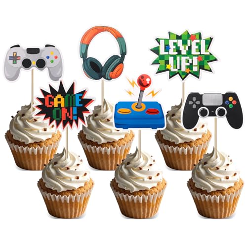 24pcs Video Game Cupcake Toppers Game On Controllers Cupcake Picks for Baby Shower Kids Video Game Birthday Party Cake Decorations Supplies