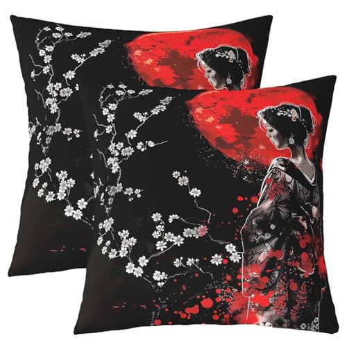 feelingyou Juego de fundas de almohada de geisha japonesas de 2,60 x 60 cm, flores de cerezo blanco, funda de cojín para sofá