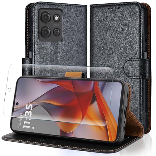 Case Collection - Case Collection for Motorola G75 Case and Screen Protector - Leather Folio Flip [Kickstand] Shockproof Cover [RFID Blocking] Magnetic Wallet for Motorola Moto G75 5G Phone Case Black