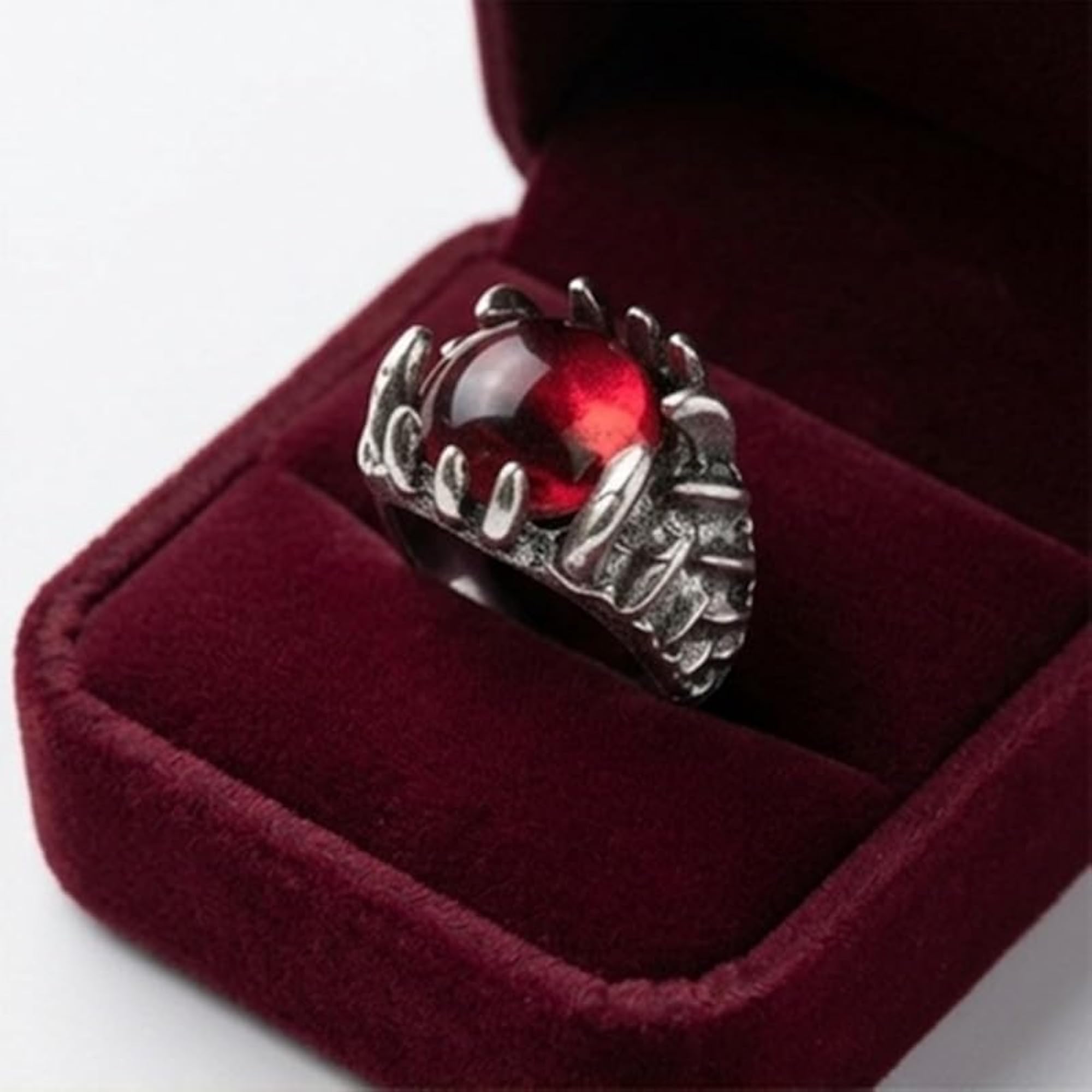 Adjustable Stainless Steel Red Dragon Claw Ring, Gothic Fantasy Design