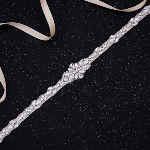 Thin Bridal Belt with Pearls Rhinestones Shiny Crystal Bridesmaid Beads Sash for Wedding Gown2