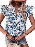 Floerns Women's Striped Notched V Neck Ruffle Cap Sleeve Blouse Tops Blue White Flower L