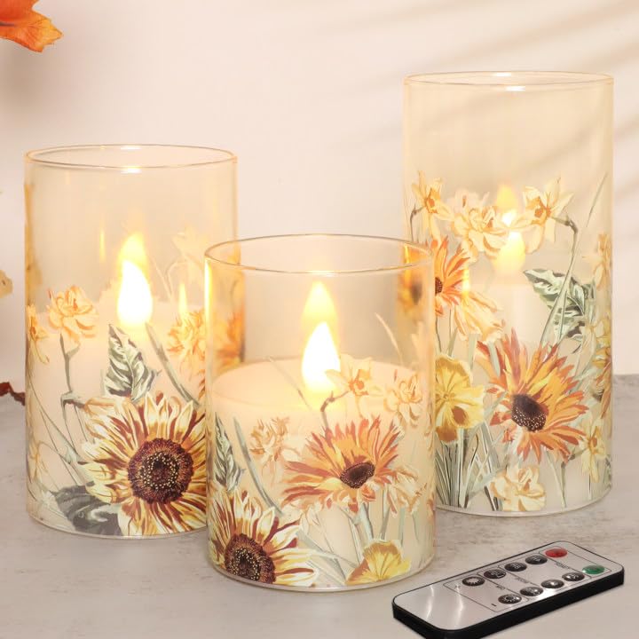 Image of Sunflower Glass Flameless Candles Battery Operated with Remote Timer Flickering LED Pillar Candles Summer Fall Decorations Gifts for Women Mothers Day Birthday Table Centerpieces, Set of 3