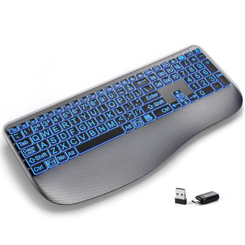 Large Print Backlit Wireless Keyboard – Silent Keyboards with Wrist Rest, 7-Color Light up, Quiet Low Profile Keys, 2.4G Wireless Rechargeable Full Size Keypad for Computer Laptop Windows, Gray