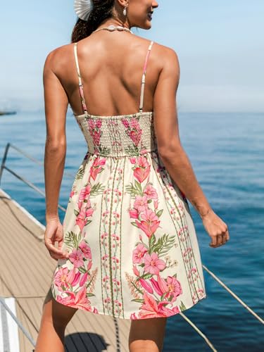 Image of CUPSHE Womens Boho Floral Summer Dress V Neck Lace Trim Spaghetti Strap Backless Smocked Back Beach Vacation Mini Dress