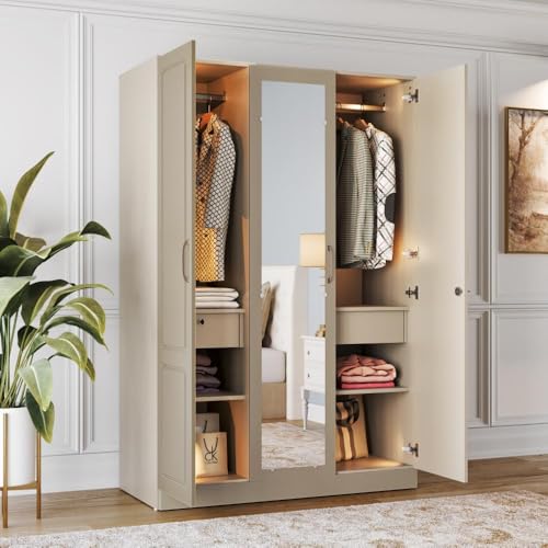 Image of Wakefit Wardrobe for Bedroom | 3 Yr Warranty | Cupboard for Bedroom, Almirah, Wooden Wardrobe, Comes with LED light, Storage Drawer, Mirror & Hanger, Density:680-750kg /m, Free Installation(Tyrian-CB)
