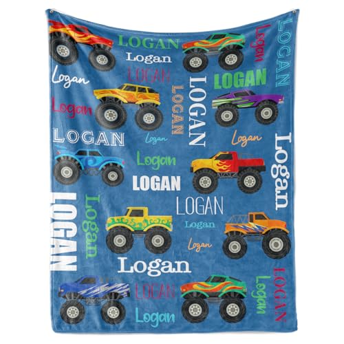 ZOTIMEF Custom Baby Blanket - Multi-Fonts Name with Monster Trucks Design - Personalized Flannel Blanket Soft Plush for Boys Girls Holidays Birthdays Gifts Color17