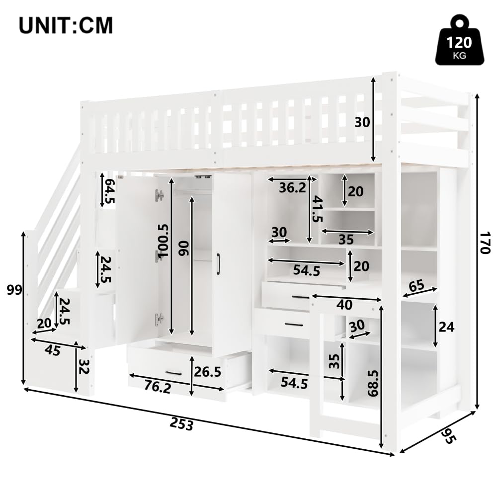 Letto a castello 90x200cm con scrivania e armadio,letto a soppalco per bambini con cassetti e vano portaoggetti,letto castello con Scaletta, struttura letti ragazzi 90x200,Pine,Senza materasso,Bianco