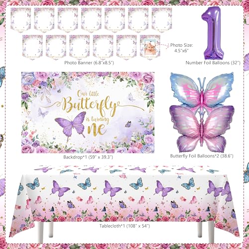 Image of Butterfly First Birthday Decorations for Girl Pink Purple Butterfly 1st Birthday Party Decoration Supplies Include Balloon Arch Balloon Boxes Backdrop Tablecloth Birthday Hat