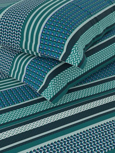 Image of KOPA Extra Smooth Cotton Double Bedsheet with 2 Pillow Covers -3pc Set (Lopez) Stripe-Teal /Blue
