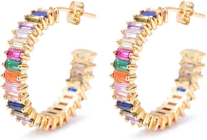 Savlano 14K Gold Plated Cubic Zirconia Multicolor Rainbow Round Hoop Stud Earrings for Women Comes with a Gift Box