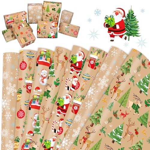 HOWAF 8 Folhas de papel presente de Natal, papel Kraft Natal papel de presente de Natal, árvore de Natal, rena, flocos de neve papel de Natal, papel de Natal, aniversário, ano novo