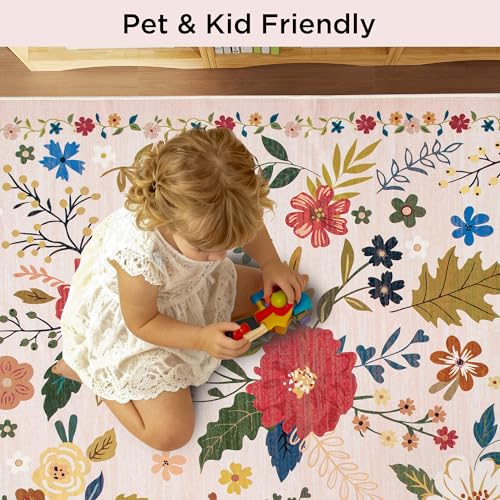 Tapete redondo beige 5 pies floral antideslizante lavable miniatura 4