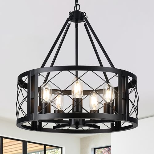 Cwarmozy 5-Light Farmhouse Chandelier 19.8 Inch Black Rustic Chandelier For Dining Room Wood Texture Adjustable Pendant Light Fixture For Kitchen Island Entryway Bedroom Hallway cover