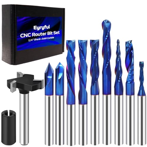 Eyryfui 10Pcs CNC Router Bits Set 1/4 Shank Solid Carbide Multiple Uses Router Bit for Woodworking Detail Carving Trimming V Groove Engraving Slotting Mortise MDF Resin Lettering Sign Making-Type A