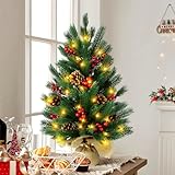 24 Inch Artificial Christmas Tree with 50 LED Lights, 2 FT Tabletop Christmas Pine Tree 55 Tips with 10 Pinecones, 70 Red Berries, Burlap Wooden Base, Christmas Winter Home Decorations