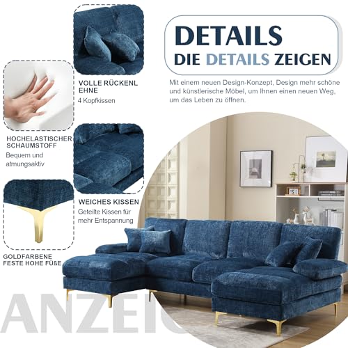 Sapgaks Sektionalsofa in U-Form, modernes Schlafsofa, 4-Sitzer, gepolstertes Möbelstück, modernes Design, Chenille-Stoff (blau) – Bild 8