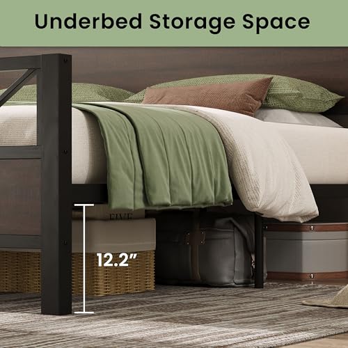 Image of LIKIMIO King Bed Frame, Tall Industrial Headboard 51.2 inch, Platform Bed Frame with Strong Metal Support, Solid and Stable, Noise Free, No Box Spring Needed, Easy Assembly, Dark Brown