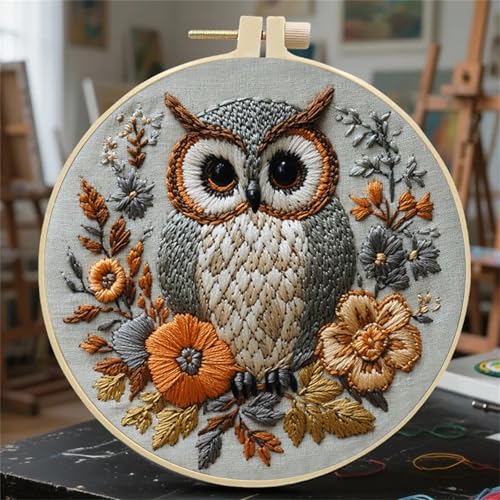 Image of Huacan Embroidery Kit for Beginners Adults Includes Stamped Owl Pattern, Hoop, Color Threads,Tools,Easy to Follow Instruction