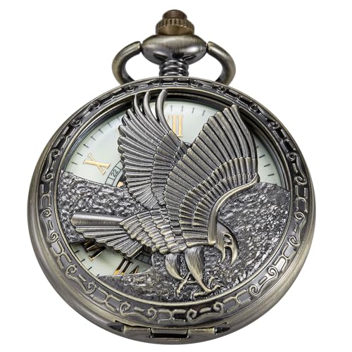 Reloj de bolsillo mecánico de bronce con relieve de águila artesanal