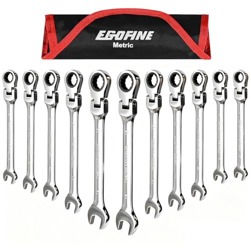Image of Egofine Flex Head Ratcheting Wrench Set 11 Piece, Metric Wrench Set, CR-V Steel 6-15mm Wrench, 72-Teeth Combination wrench set, Chrome plated Ratchet Wrenches Set with Tool Roll Bag