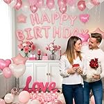 Pink Happy Birthday Decorations Balloons Kit, Party Decor Balloons with Happy Birthday Banne Heart Wall Aluminum Film White Confetti Foil Balloon,Pink Birthday Decorations - Image 4