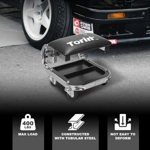 Image of Torin 400lb Rolling Automotive Creeper Garage /Shop Seat: Padded Mechanic Stool with Tool Large Tray Suitable for garages, Repair Shops,Black