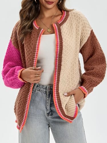 Saodimallsu Womens Color Block Cardigan Sweaters Open Front Chunky Knit Colorful Winter Sweater Coats3