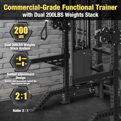 Image of Commercial Functional Trainer Cable Machine with Dual Weight Stacks, Power Cage Squat Rack, Dual Cable Crossover Machine with Pulley System